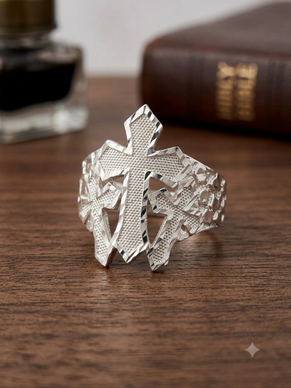 Unisex NWT 925 Sterling Silver Triple Cross Statement Ring, Size 10